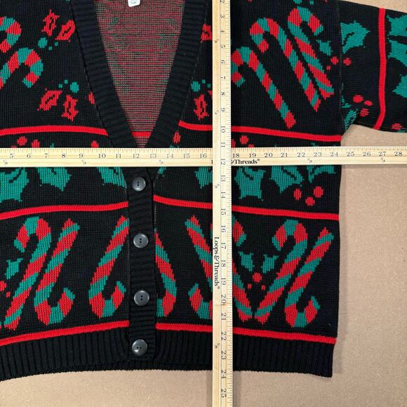 Vintage Christmas Candy Cane Holly Knit Cardigan Sweater Black Red Green XL - Picture 7 of 8